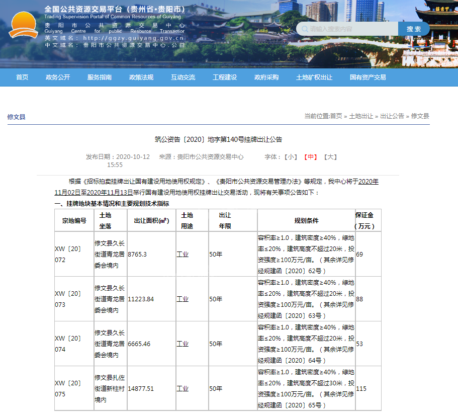 修文县新增4宗工业用地，出让面积约4.2万方