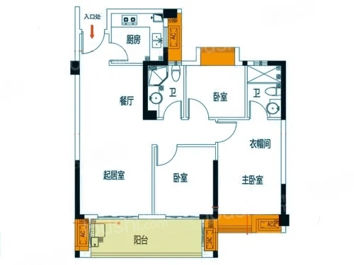 3室2厅2卫1厨， 建面97.00平米