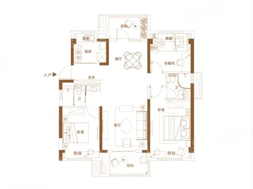 3室2厅2卫1厨， 建面111.42平米