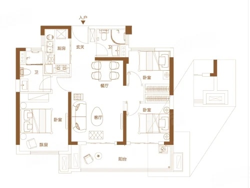 3室2厅2卫1厨， 建面89.34平米