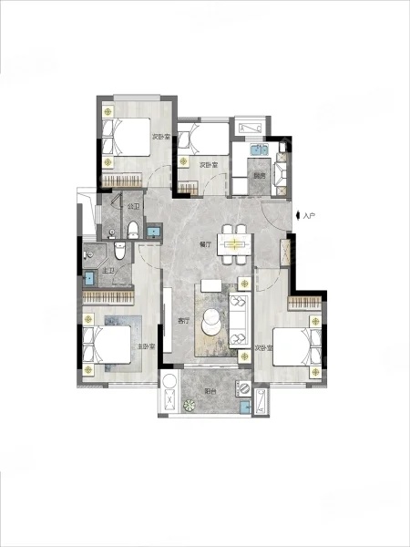 4室3厅2卫1厨， 建面89.00平米