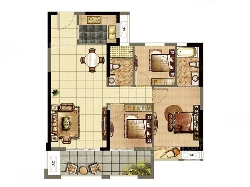 3室2厅2卫1厨， 建面89.00平米