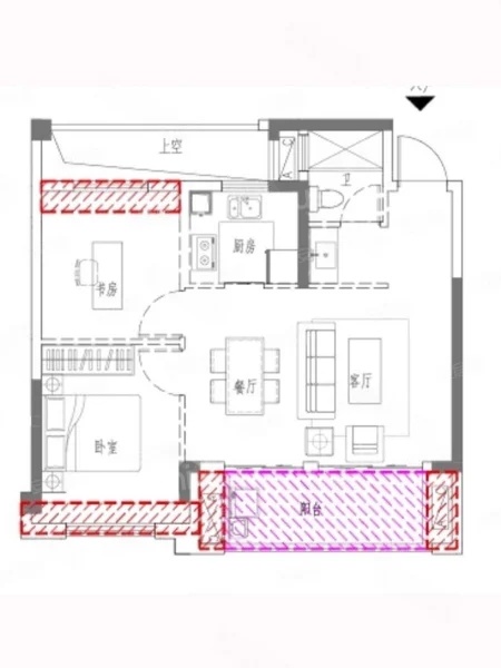 2室2厅1卫1厨， 建面69.43平米