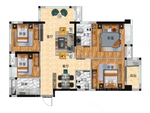 4室2厅2卫1厨， 建面104.77平米