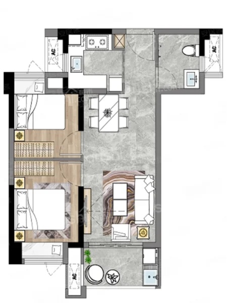 2室2厅1卫1厨， 建面59.00平米