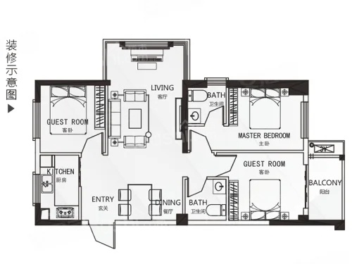 3室2厅2卫1厨， 建面88.00平米