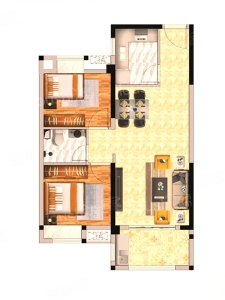 2室2厅1卫1厨， 建面74.00平米