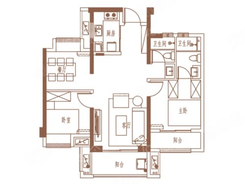 2室2厅2卫1厨， 建面89.00平米