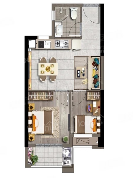 2室2厅1卫1厨， 建面52.00平米