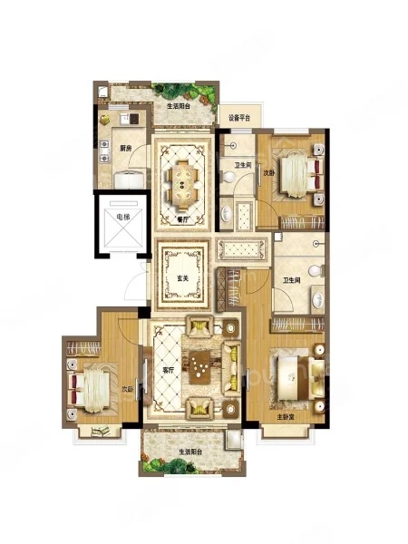 3室2厅2卫1厨， 建面142.00平米