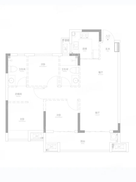 3室2厅2卫2厨， 建面89.00平米