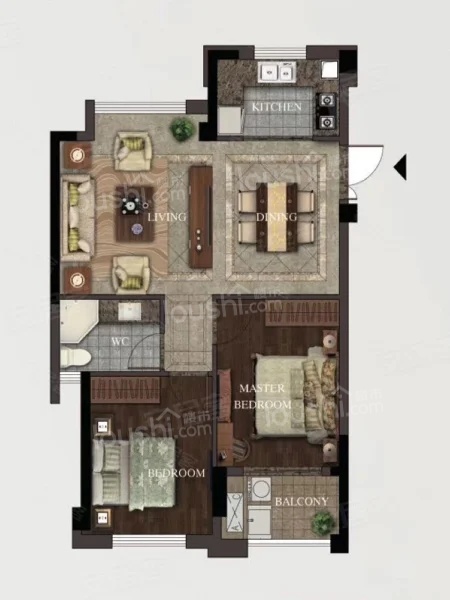 2室2厅1卫1厨， 建面76.00平米