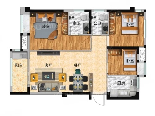 3室2厅2卫1厨， 建面87.19平米