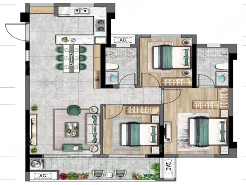 3室2厅2卫1厨， 建面105.00平米