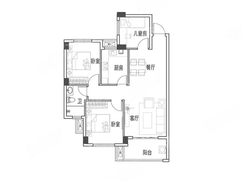 3室2厅1卫1厨， 建面80.00平米