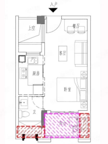 1室1厅1卫1厨， 建面38.00平米