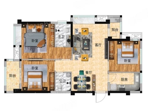 3室2厅2卫1厨， 建面96.57平米