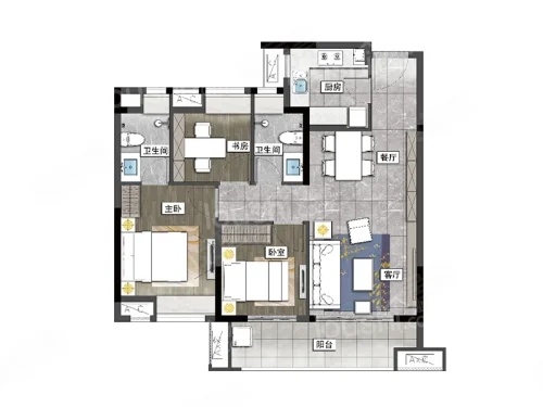 3室2厅2卫1厨， 建面89.00平米