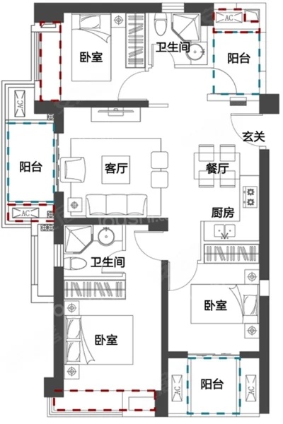 3室2厅2卫1厨， 建面90.00平米