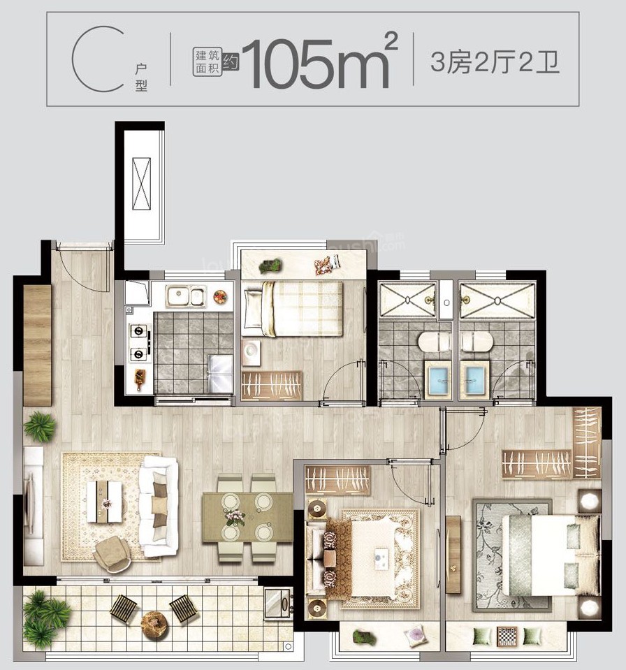 C户型，3室2厅2卫1厨，面积约105平米