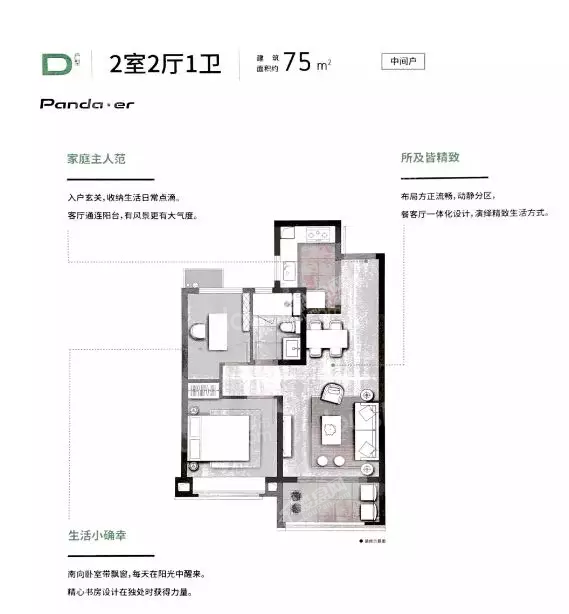 D户型，2室2厅1卫，75平米（建筑）
